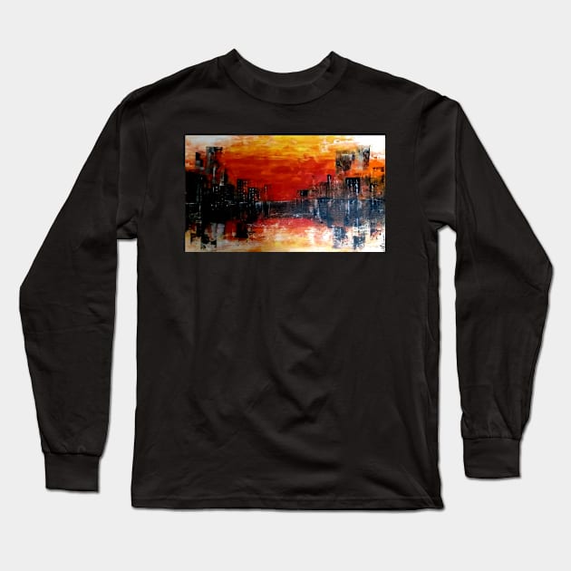 Semi abstract sea scape, sunset at sea city scape Long Sleeve T-Shirt by SunilAngra